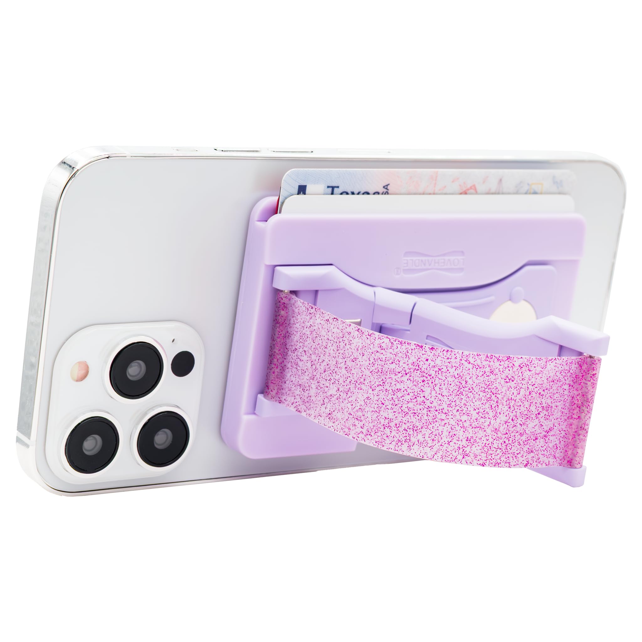 LoveHandle Phone Wallet with Kickstand and Adapter Ring for MagSafe, Phone Card Holder, Wireless Charging Compatible, Wallet Compatible with MagSafe - Amethyst Glitter on Lavender - Image 3