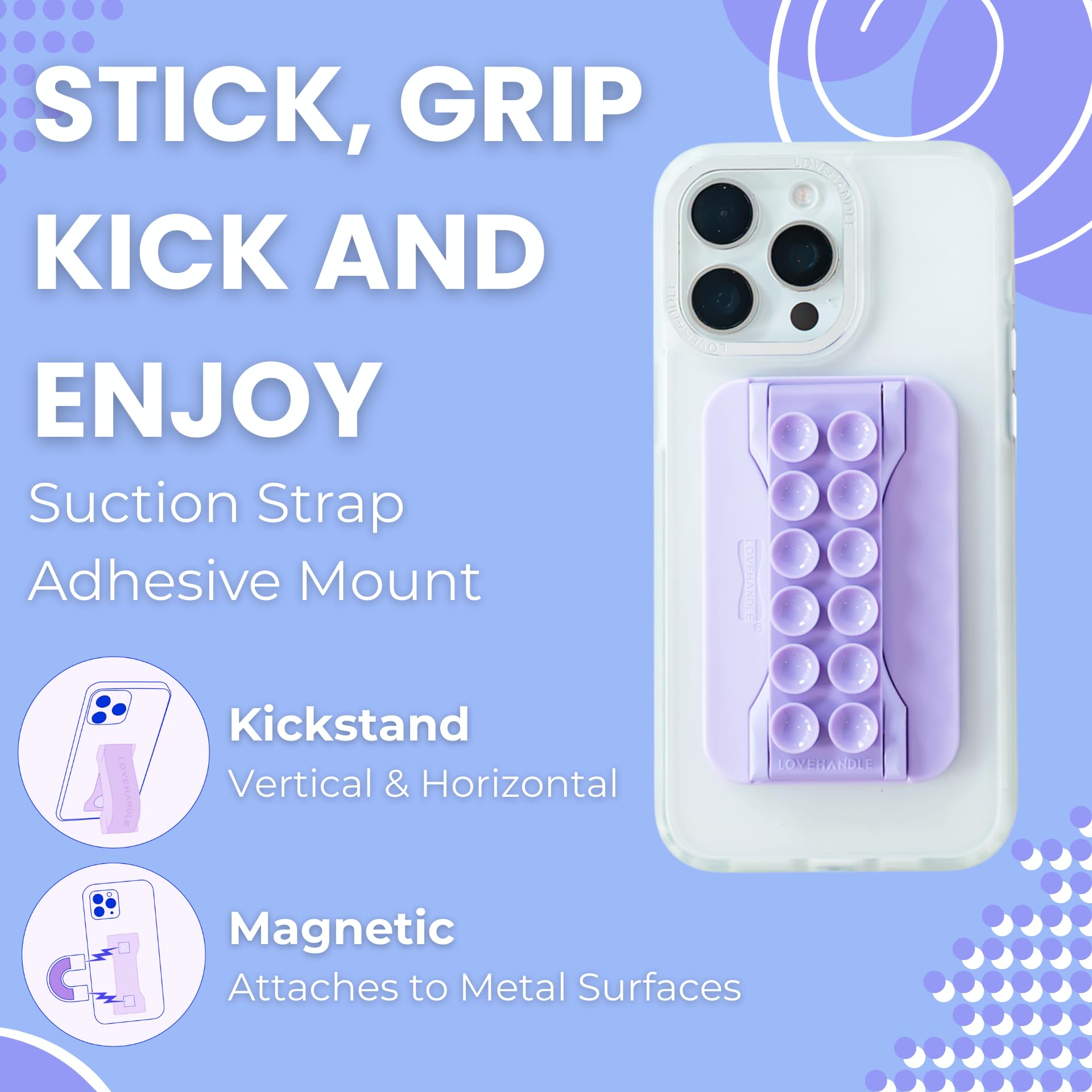 LoveHandle PRO MagSafe Compatible Magnetic Suction Phone Grip w/Kickstand - Mount, Suction Strap and Stand for Smartphone and Tablet - MagSafe Ring Included - Fits All Devices - Clear Suction - Image 5