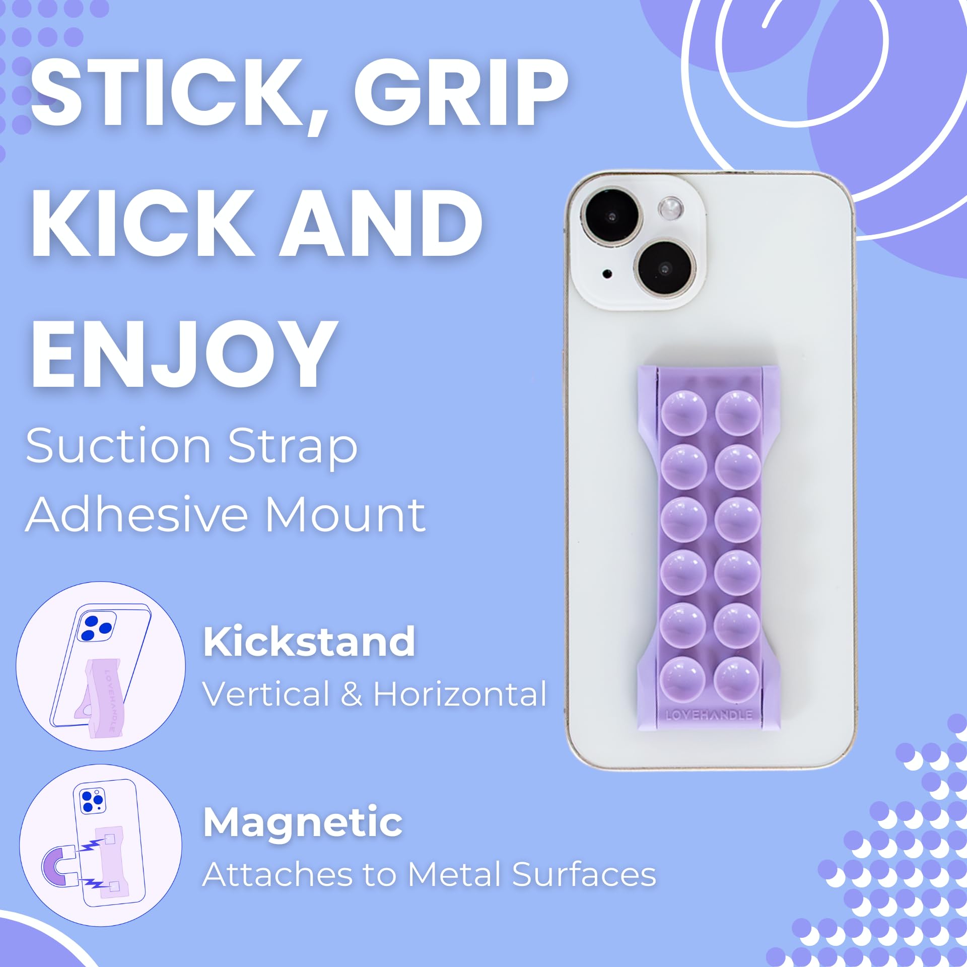 LOVEHANDLE PRO Premium Phone Grip - Suction Strap - Strong Grip Holder - Hands Free - Magnetic Phone Mount and Kickstand for Smartphone and Tablet – Lavender Suction - Image 5